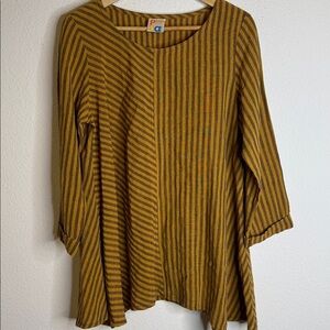 PUA Naturally Striped Mustard and Brown Long 20 Inch Sleeve blouse large NWOT